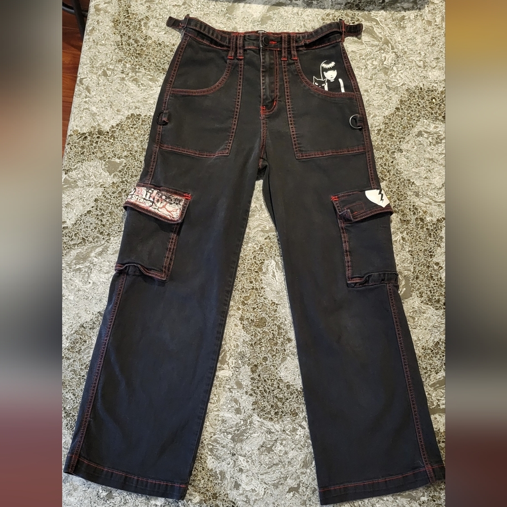 Dolls Kill X Emily The Strange Black Cargo Pants With Red Thread
